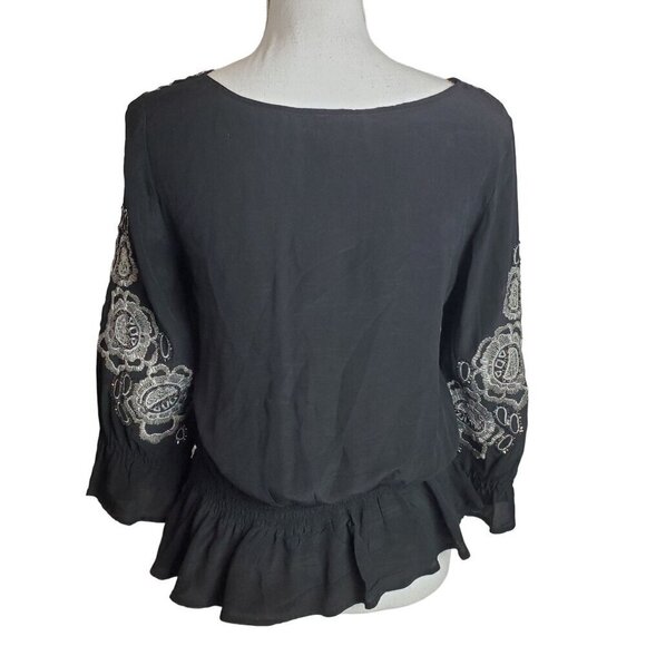 Vintage Cache Blouse Womens Small Silk Black Silver Embroidery Peplum 3/4 Sleeve - Picture 2 of 15